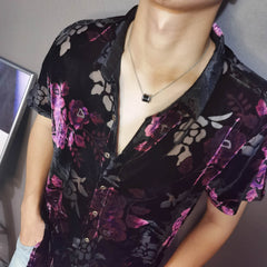 YICKYUE  -  Fashion Transparent Floral Shirt Masculine Velvet Slim-fit Shirt Mens Short-sleeved Clothing See-through Nightclub Purple Shirt