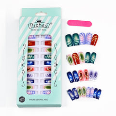 YICKYUE  -  24PCS 3D Water Drops Decor y2k Nails Press On Coffin Reusable Adhesive False Nails Wearable Colorful Halo Fake Nails Long Ballet