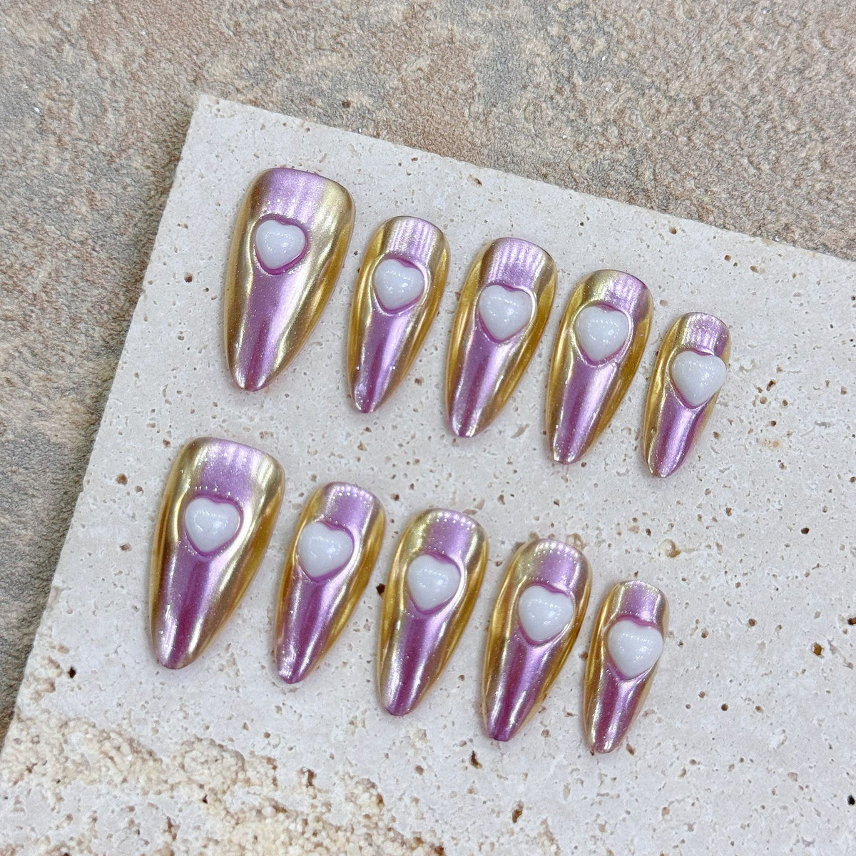 YICKYUE -  10PCS Handmade Sparkle Almond Ballerina Press On Nails with Shimmering Cat Eye and 3D Heart Design Wearable Manicure Nail Tips