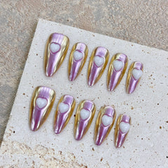 YICKYUE -  10PCS Handmade Sparkle Almond Ballerina Press On Nails with Shimmering Cat Eye and 3D Heart Design Wearable Manicure Nail Tips