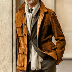 Hearujoy Cowhide Suede Jacket For Men Autumn Winter Turndown Collar Multi-pocket Windbreaker American Vintage Casual Coat Streetwear