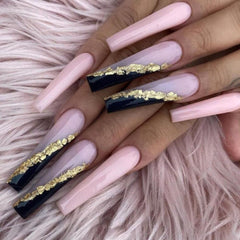 24 Pcs Super Long Ballerina Black Gold Gradient Wearing Nail Seamless Removable Press on Fake Nails Artificial Square Head Nail