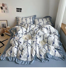 YICKYUE  -  Korean-style inset style sketch flower matted quilt cover lace four-piece set single bedroom sheet quilt cover washed cotton