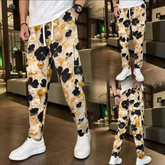 Hearujoy Vintage Tie Dye Ink Painting Casual Pants Men Ethnic Style Flower Pattern Lightweight Ice Silk Straight Leg Trousers Summer