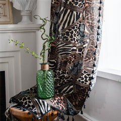 1.5M Width Bohemian Leopard Geometric Print Curtain Living Room Study Cotton Linen Semi-blackout Curtain