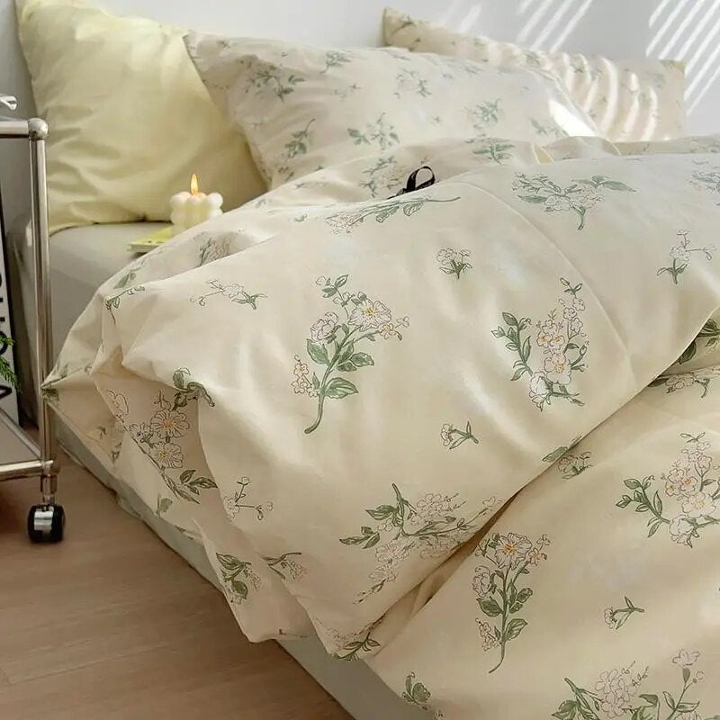 Yickyue Chic Shabby Floral Duvet Cover with Bed Sheet Pillowcases Twin Queen Family Soft 100%Cotton Floral Bedding Set for Girls Women