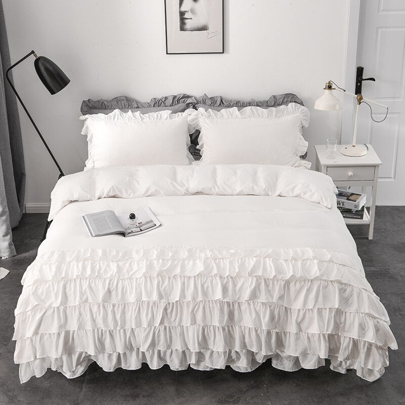 White Pink Gray Soft Korean Princess Style Bedding Set Layered Ruffles Design Duvet Cover Bed Skirt Bed Sheet Pillowcases 4Pcs