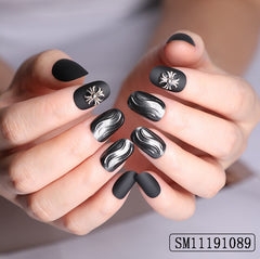 30pcs Gothic Perforated Silver Ring Style Wearing Fake Nails Granulated Sugar Powder False Nail Salon Removable Nail Patch