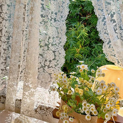 YICKYUE  -  1Pair French Retro Cream Beige Flower Embroidery Sheer Curtain European Court Style Lace Voiles Curtain For Living Room Bedroom