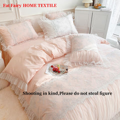 Luxury Pink 100% Cotton Soft Cozy Princess Wedding Bedding Set Lace Embroidery Duvet Cover Bed Sheet Bed Skirt Pillowcases 4Pcs