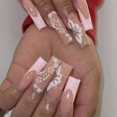 YICKYUE  -  24Pcs Press on Nails Long Square False Nails with Rhinestone Glitter White French Fake Nails Detachable Ballet Nail Art Tips