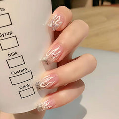 24Pcs Shiny Natural Press On French Fake Nails With Jelly Glue Glitter Long Square Artificial False Nail Tips DIY Manicure Tool