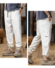 Hearujoy Spring Summer Mens Linen Casual Pants Elastic Waist  Loose Pencil Pants Fashion Sports Ankle-Length Cargo Trousers Flax