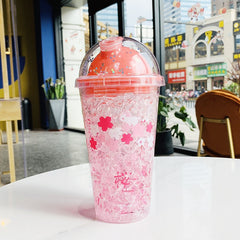 420 ML Kawaii Cherry Blossom Bottle Creative Sequin Rabbit Crushed Ice Cup Summer Ice Drink Bottle with Straw Coffee Juice Cups