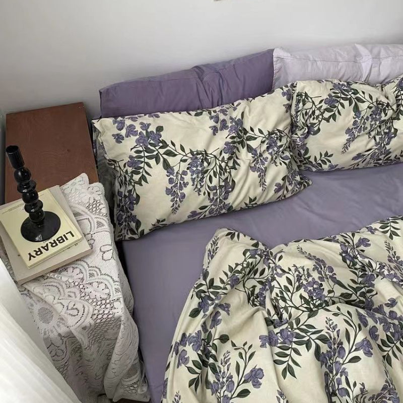 Yickyue 100% Cotton Bedding Set 4-piece/set Textile Home Wisteria Retro Bedding Set Deluxe King Bed Sheet/Duvet Cover/pillow Case