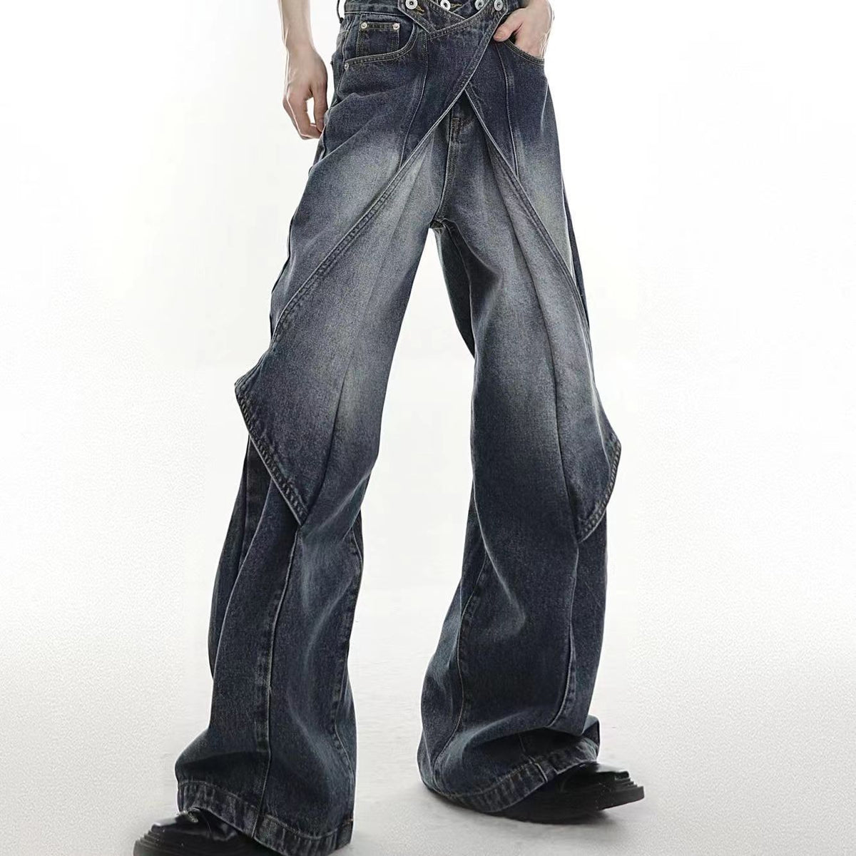 Hearujoy Hip Hop American Vintage Jeans Men Heavy Industry Used Wash Denim Pant Deconstruct Cut Design Variable Flared Trousers Unisex