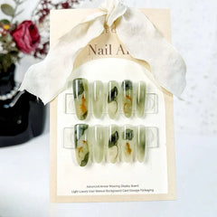 YICKYUE  10Pcs Oriental-Themed Press-On Nails with Lotus Leaf,Koi Fish,Bamboo Patterns Crescent Moon Designs Nail Tips for Women&Girls