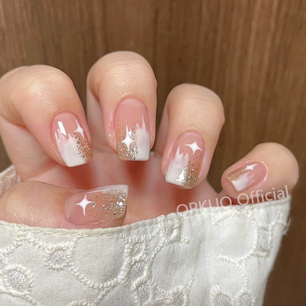 24Pcs Glitter Gradient French Fake Nail With Jelly Glue Long Square Artificial False Nail DIY Press On Finger Tip Manicure Tool