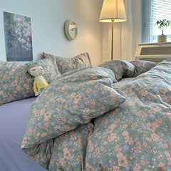 YICKYUE  -  Wrinkled Yarn Washed Cotton Pastoral Style Bed Four-piece Set Double Cartoon Style Bed Quilt Cover Bedding Set Three-piece