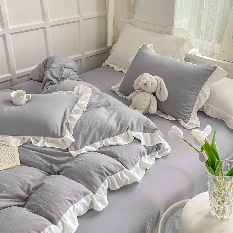 Yickyue Korean Princess Style Duvet Cover Set No Filling Pink Blue Soft Washed Cotton Girls Favorite Ruffles Bed Linen Pillowcases