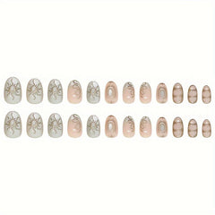 YICKYUE  -  Glossy 24-Piece Short Oval Press-On Nails - Green Tone with Intricate Sun & Cat Eye Design, Removable Nail Art Set