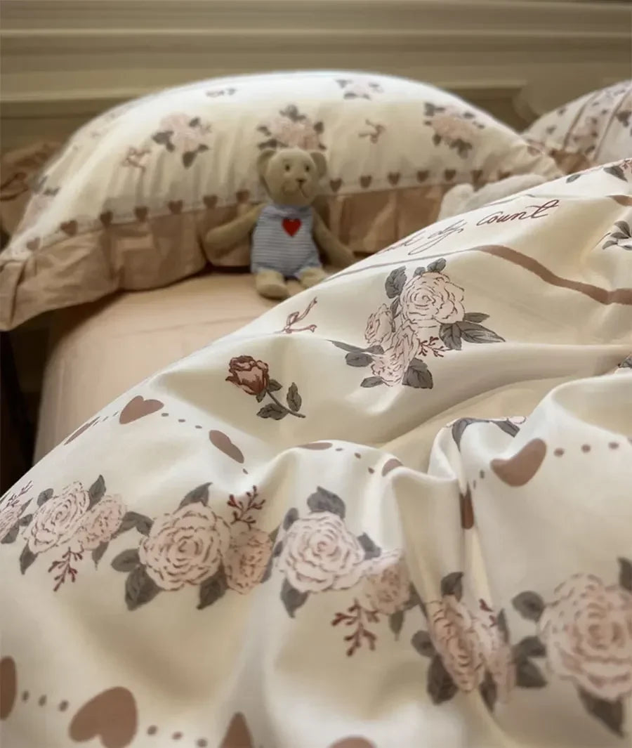 YICKYUE  -  Vntage fairyfair ruffle flower rose bed set,twin full queen retro pastoral cotton home textile flat sheet pillowcase duvet cover