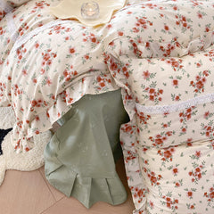 Yickyue 100% Cotton Vintage French Country Small Floral Bedding Set Ruffled Edges Flower Pattern Duvet Cover Set Bed Sheet Pillowcases