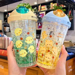 450ml Kawaii Duck Strawberry Ice Water Bottle With Straw Cute Plastic Water Cup Portable Milk Tea  Juice Drink Bottle BPA Free