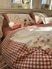 Yickyue  -  Romantic sweet flower plaid red lace bedding set,full queen king fairyfair cotton home textile bed sheet pillow case quilt cover