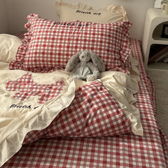 YICKYUE  -  Korean Red Gingham Bedding - Puppy Appliqué 4pc Washed Cotton Set