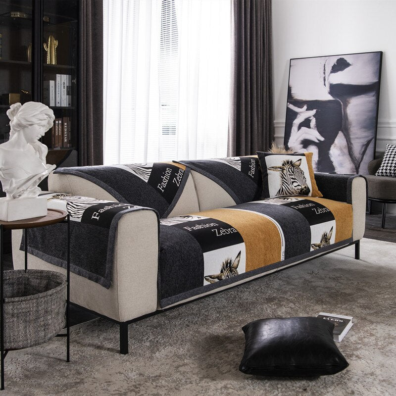 Designed High-end Three-seater Sofa Cushion Stripe Zebra Pattern Recliner Chair Cover Yellow White Stitching Living Room Decor