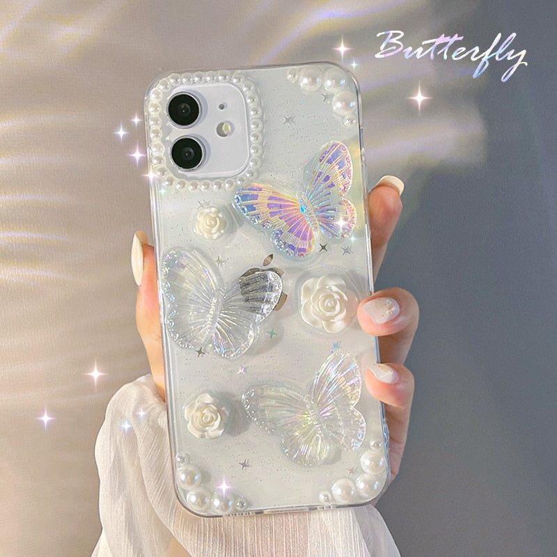 Retro 3D butterfly beauty phone case for iphone 12 mini 11 pro max 8 plus x xsmax 7 xr soft silicone Pearl cartoon cute cover