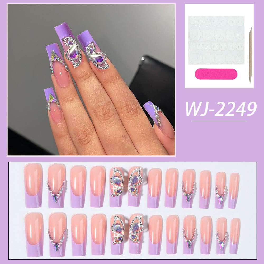 YICKYUE  -  24pcs long French fake nails, metal bow fake nails, sparkling diamond design fake nail patch, white detachable full cover fake n