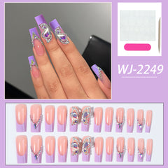 YICKYUE  -  24pcs long French fake nails, metal bow fake nails, sparkling diamond design fake nail patch, white detachable full cover fake n