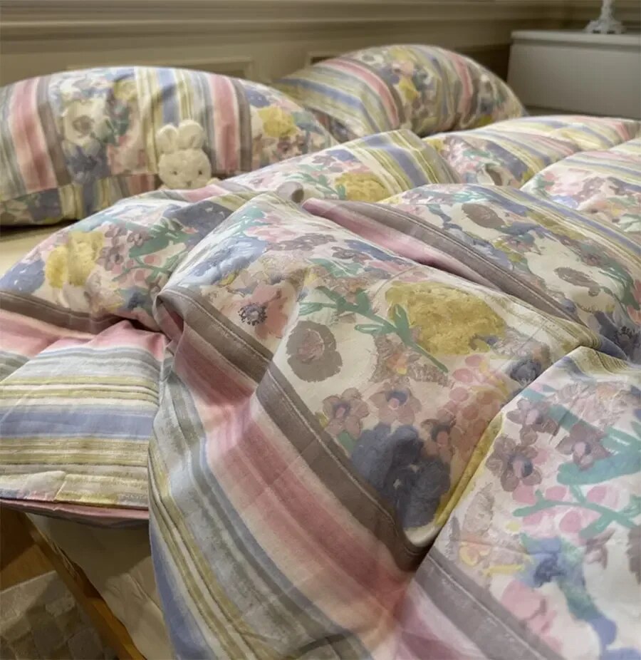 YICKYUE  -  French vintage pastoral flower bedding set girl,twin full queen king retro cotton home textile bed sheet pillow case quilt cover