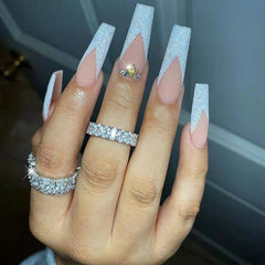 24Pcs Extra Long French False Nail Tips Butterfly Glitter Fake Nail Full Coverage Nail Art Pearl Heart Manicure Tools