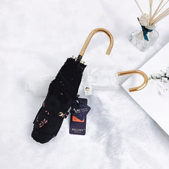 Three Fold Women's Sunshade Rain Umbrella Gold Curved Hook Handle Lace Up Summer Parasol Ladies Beach Travel Sunbreak Umbrella