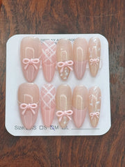 YICKYUE  -  10pcs Handmade Almond Press On Nails Gradient Cat Eye Pink French Fake Nail Bow Design Full Cover Nail Tips Wearable False Nail