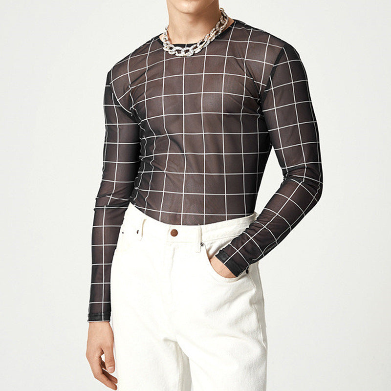 Hearujoy Plaid Print Mesh T Shirts Men Slim Fit Long Seeve O-neck Tee Tops Summer Casual Mens Perspective Tight T-shirt Streetwear