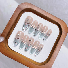 YICKYUE  -  10pcs Handmade Press on Nails Leopard Print Blue Cat Eye Fake Nail Tips Wearable Detachable Spice Girls Long Almond False Nails
