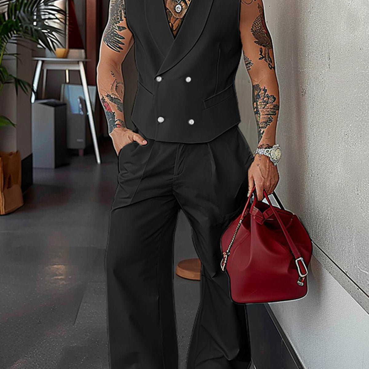 HEARUJOY  -  Men Casual Solid Color Shawl Collar Double Breasted Vest with Buttoned Waist Front Zipper Straight Leg Pants Baggy Thin Formal Work Pants Blazer Suit - Polyester, Non-Stretch, Summer, Regular Fit, Woven, 130g/m²