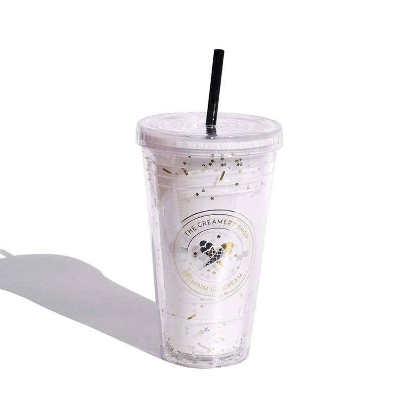Double Layer Plastic Cups With Straw And Lids Cover For Girl Heat Insulated Plastic Bottle Water Cup Household Office Bpa Free