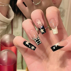 YICKYUE  -  Chic Red Stars Grid Pink Rhinestone Halo Dyeing French Ripple Print Fake Nail Art Detachable Finished False Nails Press on Nails