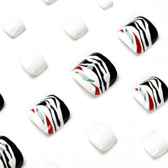 24Pcs Press On Toe False Nails Red Green Line Waves Designs Square Short Full Cover Foot Fake Nail Manicure Tools Faux Ongles