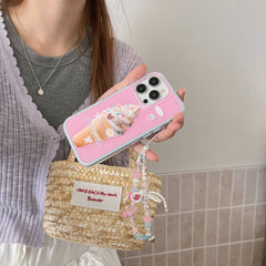 YICKYUE  -  Korean Ins Summer Glitter Pink Polka Dot Bow Ice Cream Bracelet Phone Case for iPhone 16 15 14 13 Pro Max Back Cover Fund