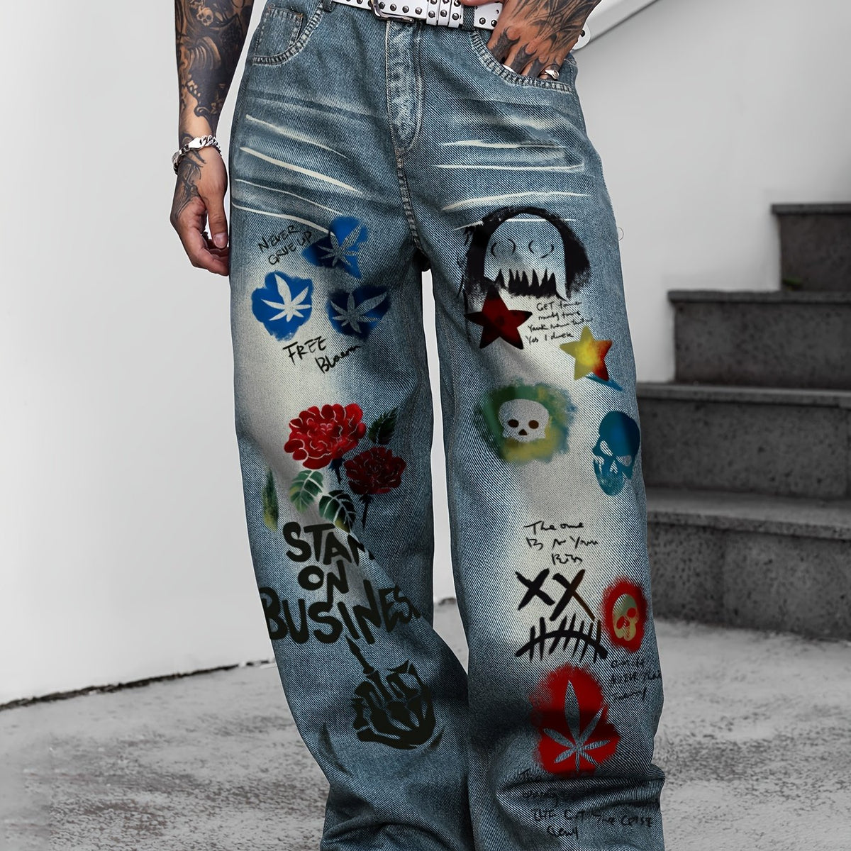 HEARUJOY  -  1pc Men's Street Style Wide Leg Faux Denim Jeans - Trendy Burnout Print, Loose Fit, Mid Waist, Non-Stretch, Zipper Placket for Daily Casual Wear