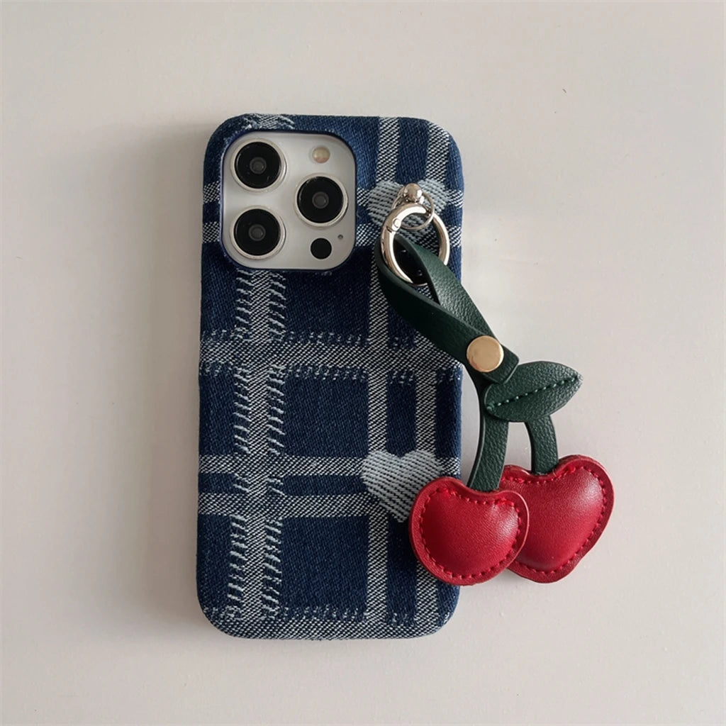 YICKYUE  -  Retro Blue Denim Fabric Plaid Love Cherry Pendant Shockproof Protective Phone Cover Case For iPhone 15 14 13 12 11 Pro Max