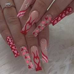 YICKYUE  -  Sweet Graffiti Pink Halo Dyeing Moon Star Love Heart Long Square Fake Art Nail Detachable Finished False Nail Tip Press on Glue