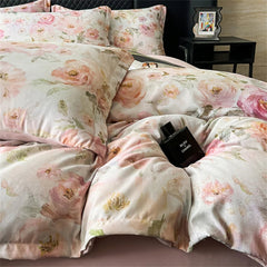 Yickyue  Flower Printed Bedding Set Soft Bedroom Decor Comforter Luxury Duvet Cover Set Pillowcase Bed Sheet Washed Cotton Four Piece Set