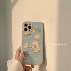 Space duck leather phone case cute cover for iphone 11 12 mini 13 pro max 7 8 plus xs max xr x cartoon funda conque capa